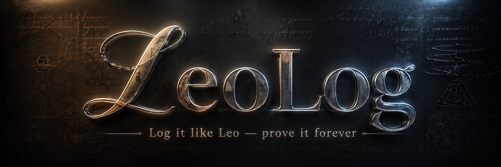 LeoLog brand hero — ornate glowing 'LeoLog' wordmark on a dark da Vinci codex background, with the tagline 'Log it like Leo — prove it forever.'